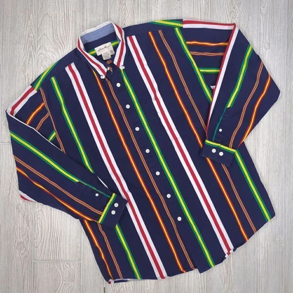 Vintage Eddie Bauer Men's Large Navy Blue Multi Striped Long Sleeve Button Down